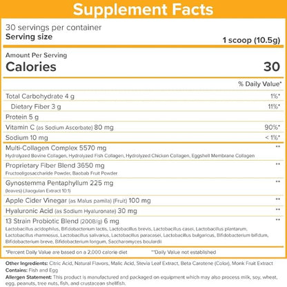 SkinnyFit Super Youth Orange Pineapple Multi-Collagen Peptides + Probiotics, Baobab Fiber, Apple Cider Vinegar, Hyaluronic Acid, & Vitamin C, Skin, Hair, Joint & Metabolism Support, 30 Servings