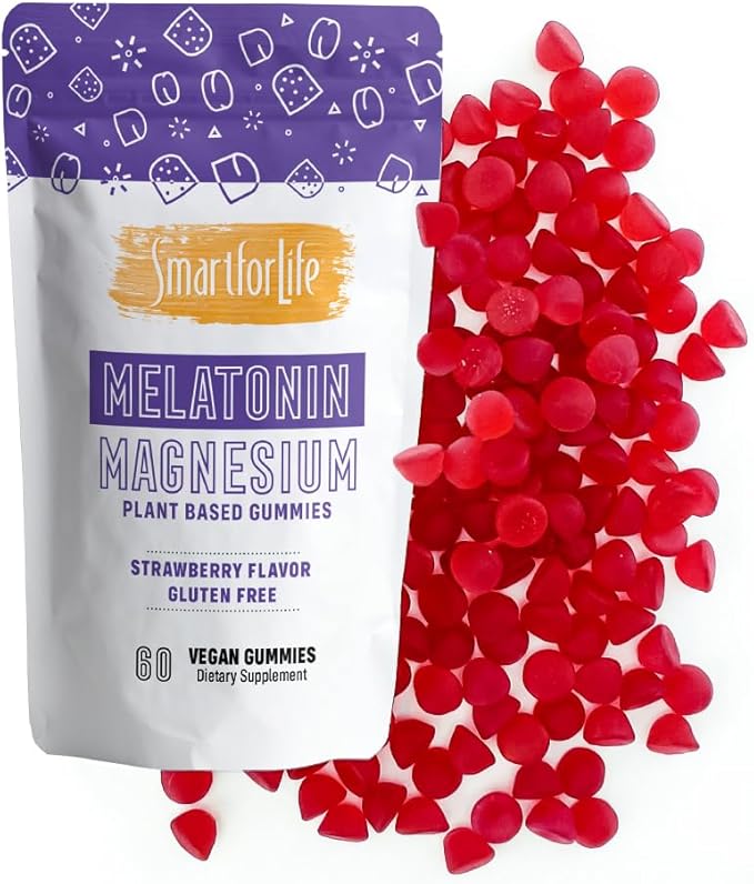 SMART FOR LIFE Melatonin Gummies 5mg W/Magnesium - 60 Count - Plant Based Vegan Melatonin Gummies - Strawberry Flavor Sleep Gummies - Heart & Bone Health Dietary Supplement - Adult Melatonin Gummies