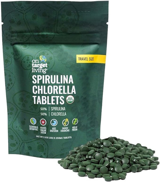 On Target Living Organic Spirulina Chlorella Travel Size | USDA Organic | 250 Tablets- 250 G (2.2 oz) | Vegan | Immune System Boosting | Alkalyzing | Detoxifying | Protein Dense