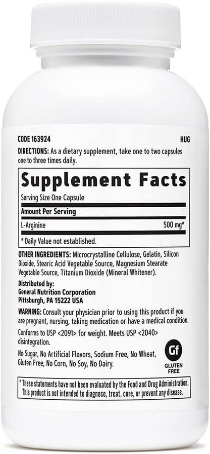 GNC L Arginine 500mg Supplement, Supports Healthy Blood Vessel Tone, 90 Servings