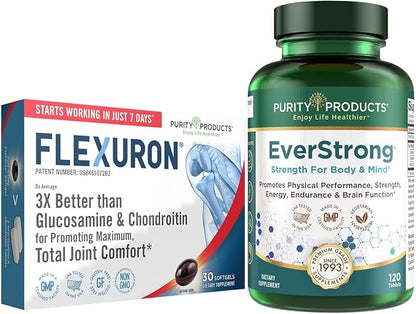 Purity Products Bundle - Flexuron Joint Formula + EverStrong Tablets - Flexuron - Krill Oil, Hyaluronic Acid + Astaxanthin - EverStrong- Muscle Matrix Blend w/Creatine, Coffee Fruit Extract + More
