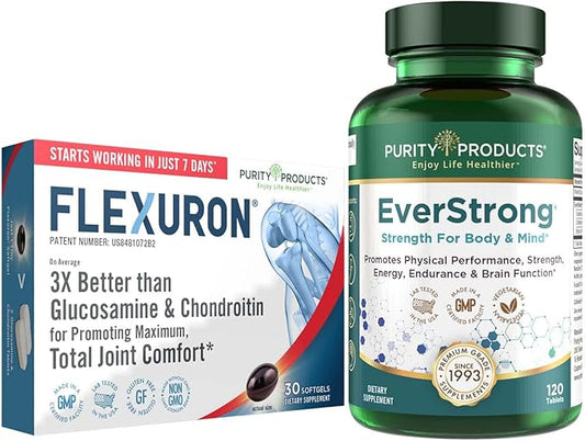 Purity Products Bundle - Flexuron Joint Formula + EverStrong Tablets - Flexuron - Krill Oil, Hyaluronic Acid + Astaxanthin - EverStrong- Muscle Matrix Blend w/Creatine, Coffee Fruit Extract + More