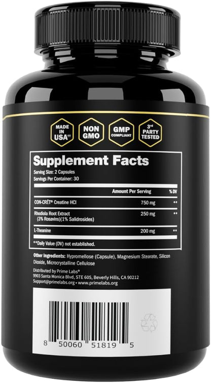 Prime Labs Concrete Creatine HCl Capsules - with CON-CRĒT®, Rhodiola Root Extract, & L-Theanine - Muscle Support, Endurance, Cognitive Function - for Men & Women - 60 Count