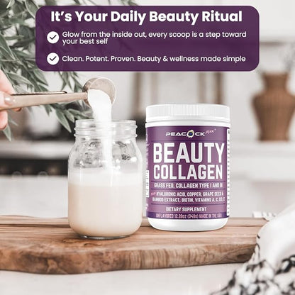 Beauty Collagen Peptides for Women 12.28 oz – Hydrolyzed Collagen Peptides Type I & III Protein Powder with Hyaluronic Acid, Grass Fed Collagen, Biotin, Grape Seed Extract, Multivitamins