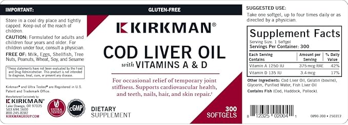 Kirkman - Cod Liver Oil with Vitamin A & D - 300 Softgels - Essential Fatty Acids - Supports Foundational Health - Hypoallergenic