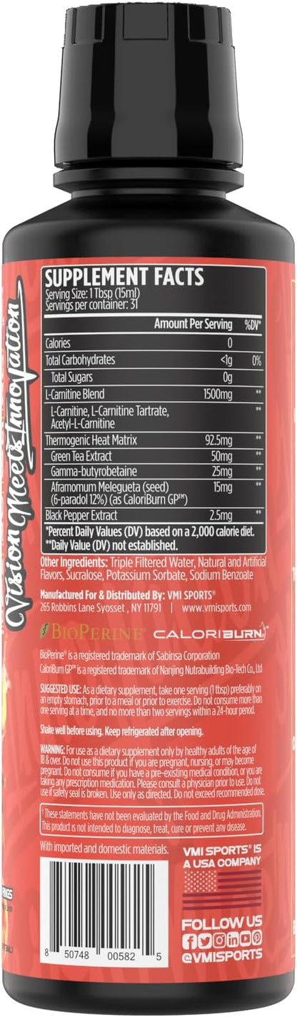 VMI Sports L-Carnitine 1500 Heat Stimulant Free Thermogenic Metabolic Support & Fat Loss for Men & Women | 1500mg L-Carnitine | Convenient Liquid (Peach Mango)
