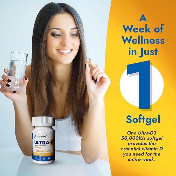 New Road Health Supply - Vitamin D 50000 IU, Once Weekly Dose, Easy to Swallow Vitamin D Softgel for Bones, Teeth, and Immune Support, Gluten Free, 50 Count