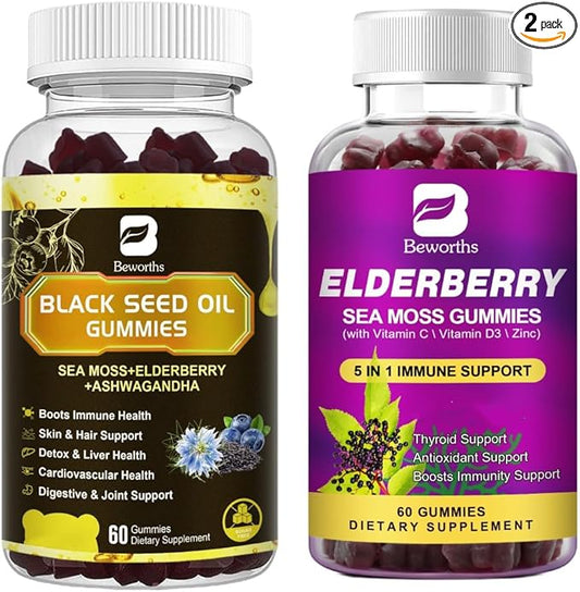 Irish Sea Moss Gummies with Black Seed Oil, Ashwagandha Extract, Elderberry, Turmeric, Vitamin C Vitamin D3 / Black Elderberry Gummies & Sea Moss Gummy