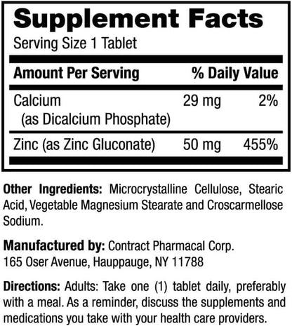 Earth's Splendor Immune Support Dietary Supplements, with Zinc 50mg, Helps Maintain Skin Health, Wheat Free, No Artificial Color or Flavor, Mineral Supplements for Men & Women (100 Tablets)