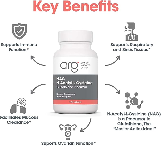Allergy Research Group NAC Supplement - N-Acetyl-L-Cysteine, Glutathione Precursor, Supports Immune Function, Healthy Mucus Clearance, Free Form Amino Acid, Hypoallergenic - 120 Count