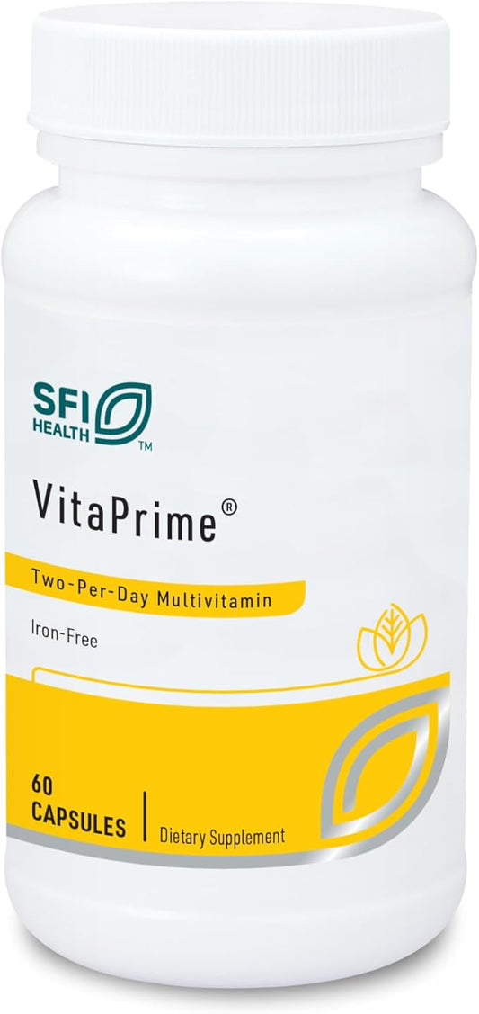 Klaire Labs SFI Health VitaPrime - Iron Free Multivitamin for Women & Men - Promote Immune Function & Support Nutritional Gaps - Two-Per-Day Multivitamin with Methyl Folate & B12 (60 Capsules)