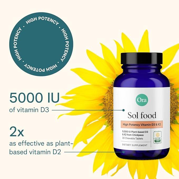 Ora Organic Vitamin D3 5000IU + K2 - Vegan Vitamin D from Lichen and K2 from Chickpeas for Bone Health, Immune Support, & Mood, Maximum Absorption - 1 Month Supply, 30 Chewable Tablets