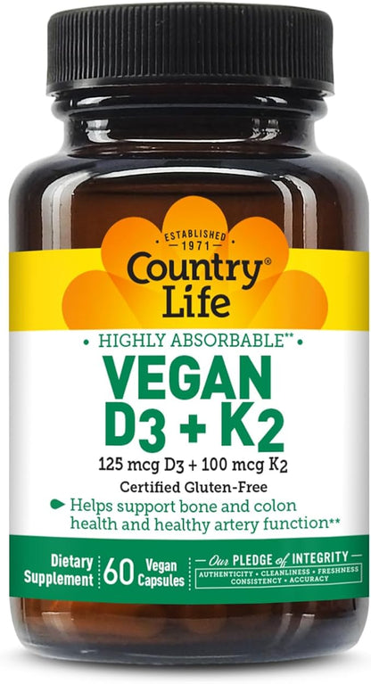 Country Life Vegan D3 + K2 – 5000 IU Vitamin D3 & 100 mcg MK-4 & MK-7 | Supports Bone, Immune, Colon & Artery Health | Certified Vegan, Gluten-Free, B-Corp, 60 Capsules
