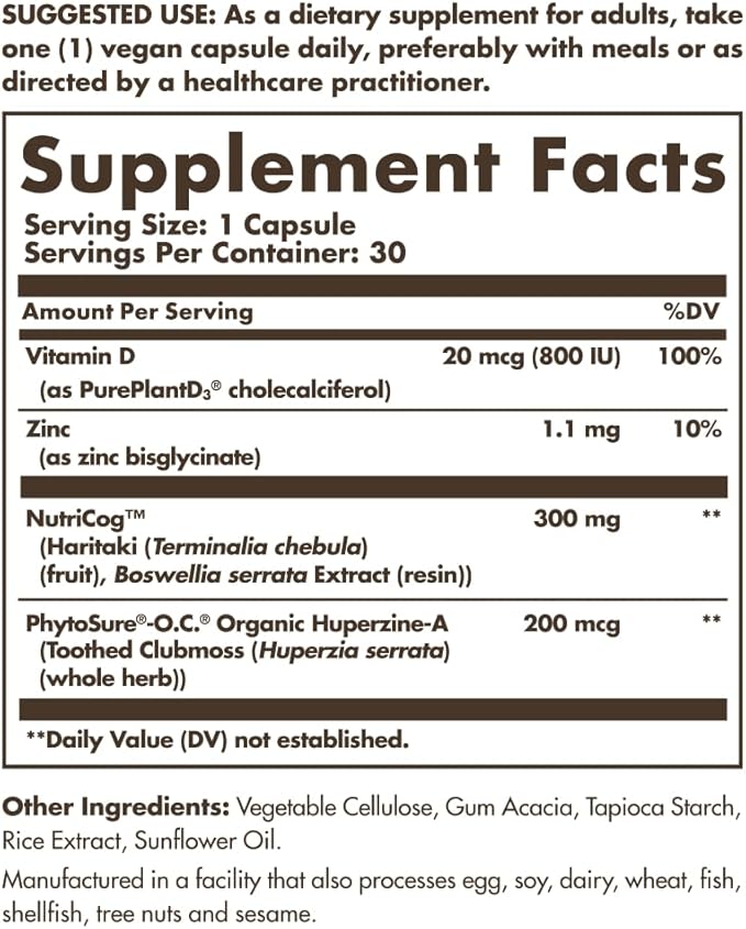 Solgar Memory Support Brain Dietary Supplement for Memory and Focus, Clinically Studied Nutricog, Vitamin D & Huperzine-A, Nootropic Brain Health Supplement, Healthy Aging Support, 30 Servings