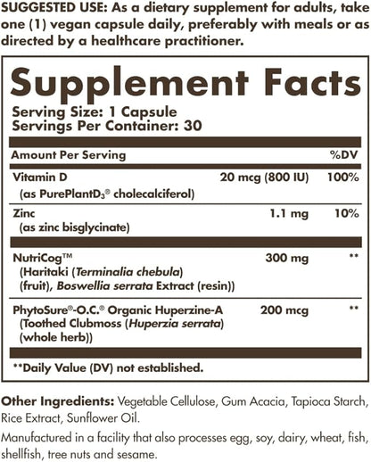 Solgar Memory Support Brain Dietary Supplement for Memory and Focus, Clinically Studied Nutricog, Vitamin D & Huperzine-A, Nootropic Brain Health Supplement, Healthy Aging Support, 30 Servings