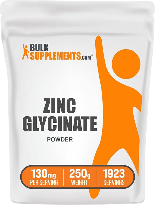 BulkSupplements.com Zinc Glycinate Powder - Zinc Supplement, for Immune Support - Gluten Free, 130mg per Serving, 250g (8.8 oz) (Pack of 1)
