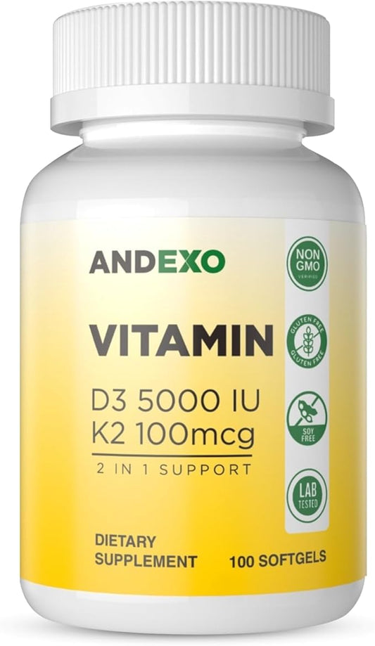 Vitamin D3 5000 IU with K2 100 mcg, 100 Soft-Gels for Healthy Muscle Function, 2 in 1 Support Immune, Optimal Calcium Absorption. Non-GMO, Gluten-Free, Soy-Free, Dairy-Free.