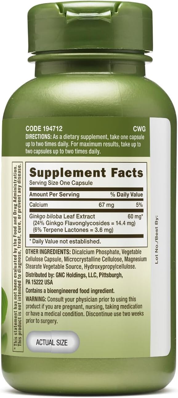 GNC Herbal Plus Ginkgo Biloba 60mg Supplement, Vegetarian, Supports Mental Sharpness, 100 Servings