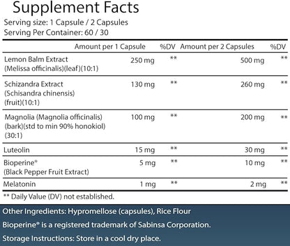 Natural Sleep Aid Tailored for Sleep – Melatonin, Lemon Balm, Magnolia Bark, Schizandra, Luteolin | Promotes Quick Sleep, Deeper Sleep, Fewer Night Awakenings, Non-Habit Forming, 60 Caps