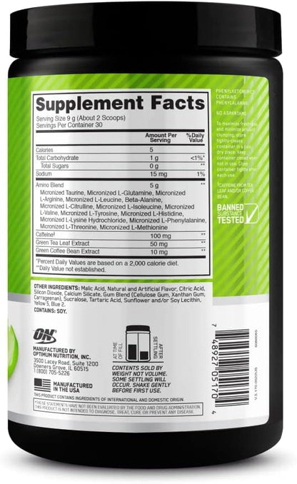 Optimum Nutrition Amino Energy - Pre Workout with Green Tea, BCAA, Amino Acids, Keto Friendly, Green Coffee Extract, Energy Powder - Green Apple, 30 Servings (Packaging May Vary)