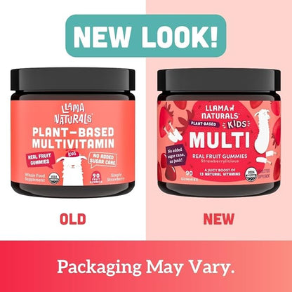 Llama Naturals Kids Multivitamin Gummies, Vegan, Organic with Vitamin D, C & K, Toddler Real Fruit Gummy Vitamins, Chewable Supplement, Whole Food Multivitamin, No Added Sugar Cane, Strawberry, 90 Ct