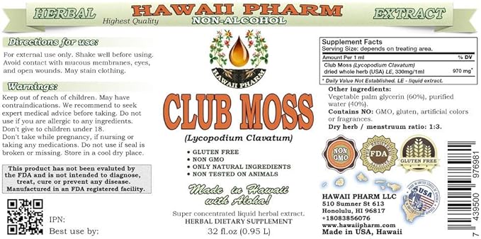 Club Moss Alcohol-Free Liquid Extract, Club Moss (Lycopodium clavatum) Dried Whole Herb Glycerite Hawaii Pharm Natural Herbal Supplement 32 oz Unfiltered