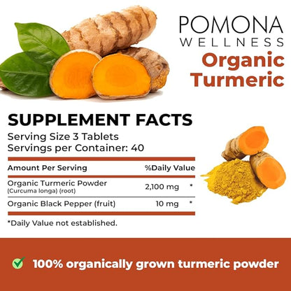 Pomona Wellness Organic Turmeric Supplement 2100 mg, USDA Organic, Non-GMO, Vegan, Turmeric Curcumin with Black Pepper for Absorption, for Joint Support and Immunity, 120 Tablets