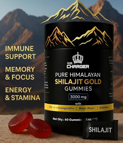 Pure Himalayan Shilajit Gummies Gold with KSM 66 Ashwagandha, Gokshura, Black Musli | Fulvic Acid & 85+ Trace Minerals | Shilajit for Men, Women | 100% Natural and Organic | 60 Gummies