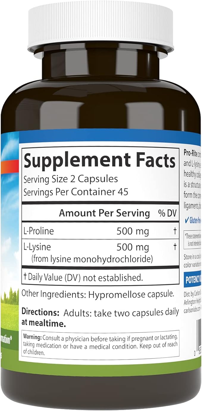 Carlson - Pro-Rite, Free-Form L-Proline & L-Lysine, Health, Joint Support & Collagen Formation, 90 Capsules