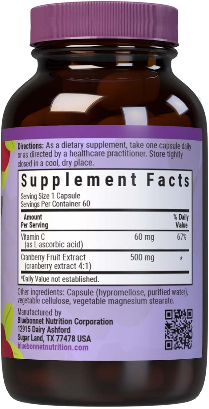 Bluebonnet Nutrition Cranberry Fruit Extract, Urinary Tract Support*, Non-GMO, Kosher-Certified, Vegan, Gluten-Free, Soy-Free, Dairy-Free, 60 Vegetable Capsules, 60 Servings