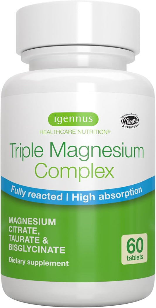 Igennus Advanced Triple Magnesium Complex, Fully Reacted & Chelated Glycinate, Taurate & Citrate, Clean Label, High Bioavailability & Absorption, 60 Tablets, Vegan, Non-Buffered