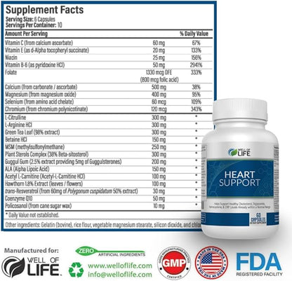 Well of Life Heart Restore: 60 Veg Capsules Helps Healthy Cholesterol, Triglyceride, Homocysteine & CRP Levels Within Normal Range : Made in USA, GMP Certified, Non-GMO
