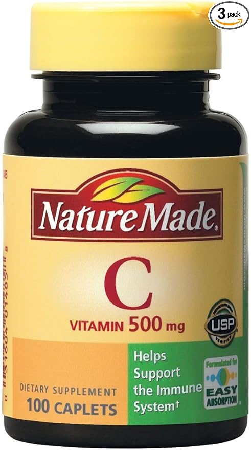 Nature Made Vitamin C 500 mg Caplets, for Immune Support, Gluten Free 100 Count (Pack of 3)