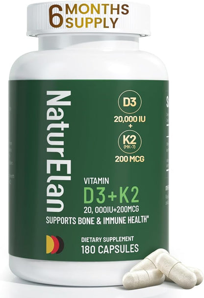 Vitamin D3 K2 Supplement - 20,000 IU+200mcg K2(MK-7), 180 Capsules, Third-Party Tested, K2 + D3 Supplements for Bone, Immune, Heart & Teeth Health Support, Vegan, Non-GMO, Gluten Free