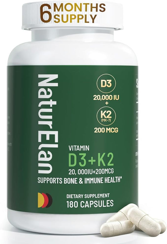 Vitamin D3 K2 Supplement - 20,000 IU+200mcg K2(MK-7), 180 Capsules, Third-Party Tested, K2 + D3 Supplements for Bone, Immune, Heart & Teeth Health Support, Vegan, Non-GMO, Gluten Free