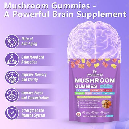 Mushroom Supplement Gummies with Ashwagandha and Lions Mane, Maitake, Turkey Tail, Reishi, Chaga, Shiitake, Cordyceps Nootropic Brain Supplement for Focus, Memory, Immune, Support and Stress Relief