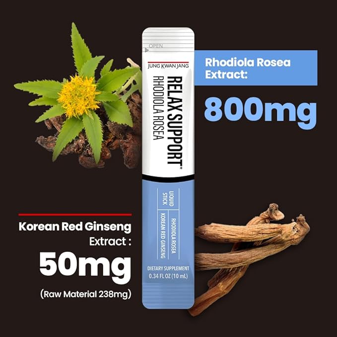 JungKwanJang Relax Support Rhodiola Rosea (800mg), Korean Red Ginseng Everytime Extract Sticks, Relaxation Supplement for Calm and Clarity, 10 Count