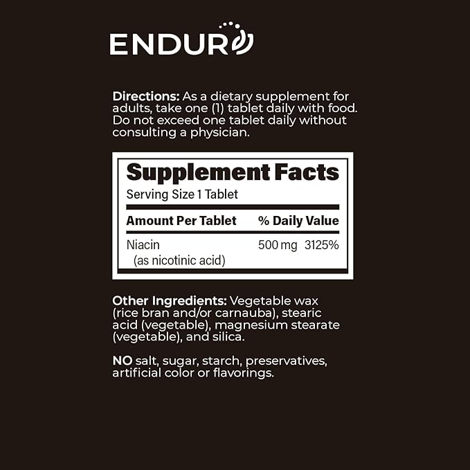 ENDUR-ACIN, Extended Release Niacin for Optimal Absorption & Low-Flush Vitamin B3 Niacin 500mg, Premium Niacin Supplement Made in USA, 100 Tablets