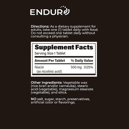 ENDUR-ACIN, Extended Release Niacin for Optimal Absorption & Low-Flush Vitamin B3 Niacin 500mg, Premium Niacin Supplement Made in USA, 100 Tablets