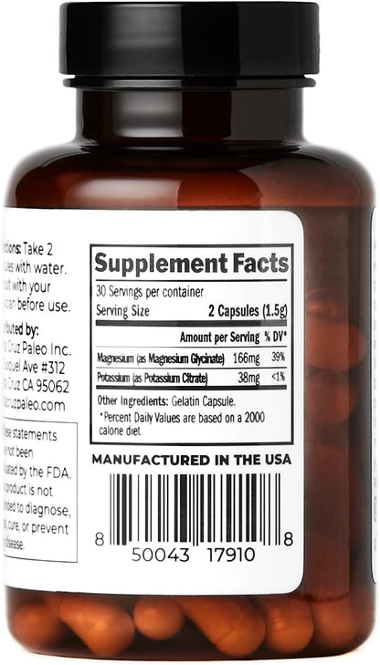 Santa Cruz Paleo Magnesium Potassium Capsules, Magnesium Glycinate and Potassium Citrate, Gluten Free, Keto, Sugar Free, Paleo, for Overall Health, Brain, Muscle, Bone and Energy Support, 60 Capsules
