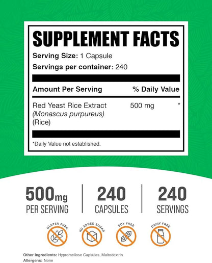 BulkSupplements.com Red Yeast Rice Capsules - Red Yeast Rice Supplement, Herbal Supplement - Vegan, 1 Capsule per Serving, 240 Veg Capsules (Pack of 1)