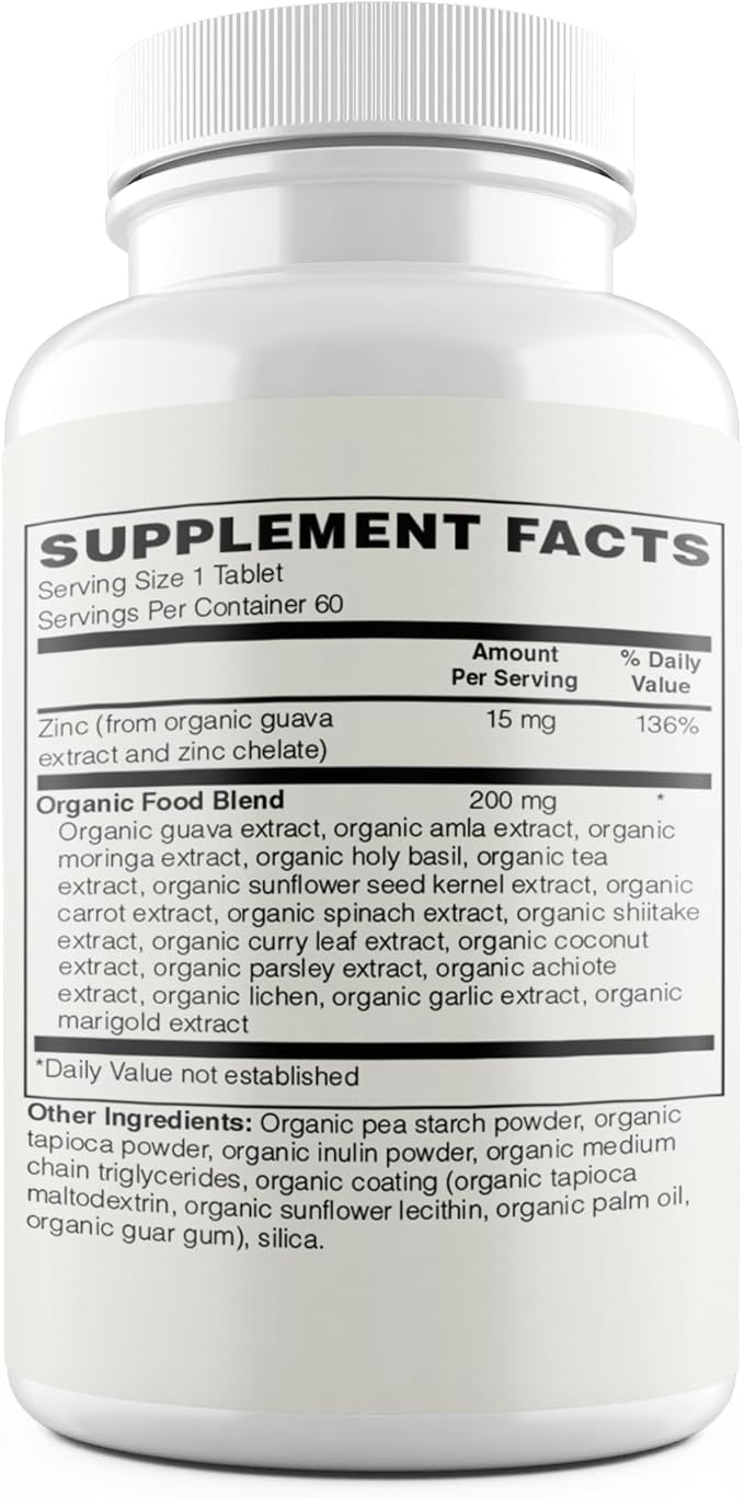 Zinc | 15mg Certified Organic Zinc from Guava with 200mg Organic Whole Food Blend | 16 Organic Fruits, Vegetables & Mushrooms | 60 Vegan Tablets