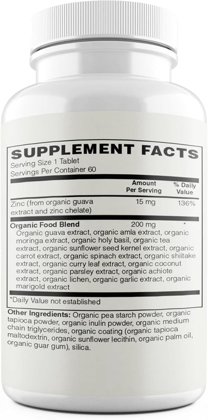 Zinc | 15mg Certified Organic Zinc from Guava with 200mg Organic Whole Food Blend | 16 Organic Fruits, Vegetables & Mushrooms | 60 Vegan Tablets