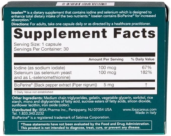 Ioselen - Thyroid Support Supplement – 100 mcg Selenium, 100 mcg Iodine, 5mg BioPerine - 30 Soft-Gel Caps for Increased Bioavailability and Absorption - Gluten-Free, Lactose-Free, Sugar-Free, Non-GMO