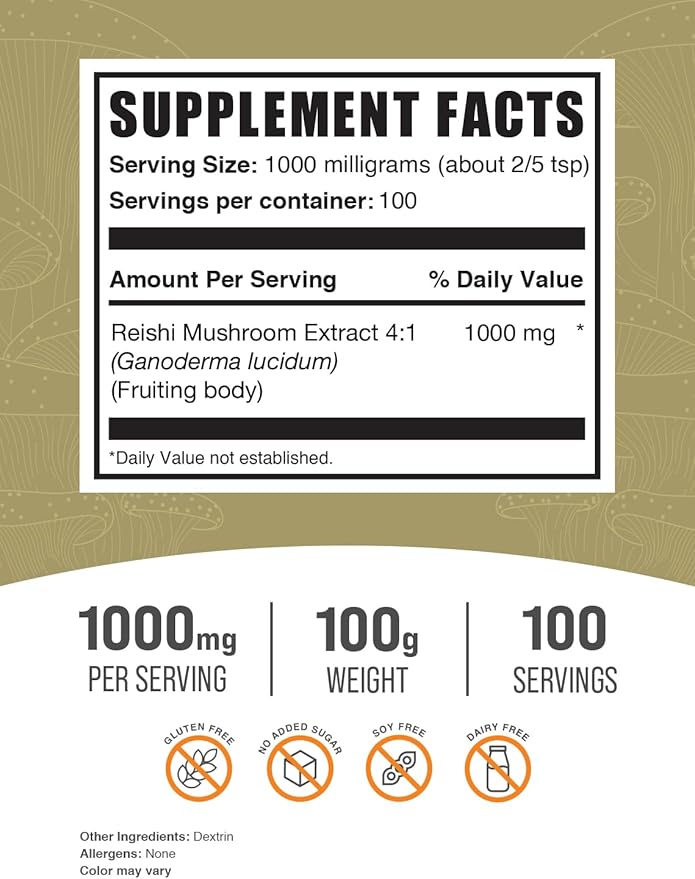 BulkSupplements.com Reishi Mushroom Extract Powder - Reishi Mushroom Powder, Supplement for Overall Well-Being - Gluten Free, 1g per Serving, 100g (3.5 oz) (Pack of 1)