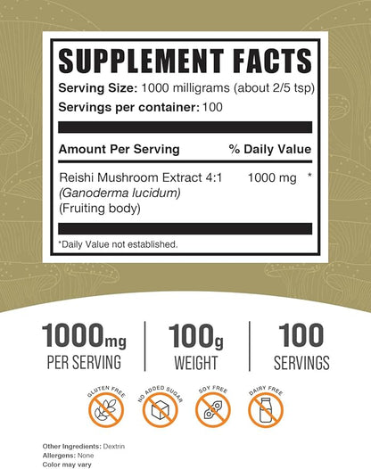 BulkSupplements.com Reishi Mushroom Extract Powder - Reishi Mushroom Powder, Supplement for Overall Well-Being - Gluten Free, 1g per Serving, 100g (3.5 oz) (Pack of 1)