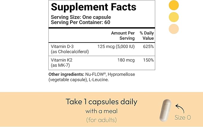 D3 K2 Vitamin 5,000 IU (125 mcg) + MK-7 (180 mcg) Natural Supplement | Bone, Heart, & Immune Support | Enhances Calcium Absorption | Women & Men | Vegan | 60 Servings