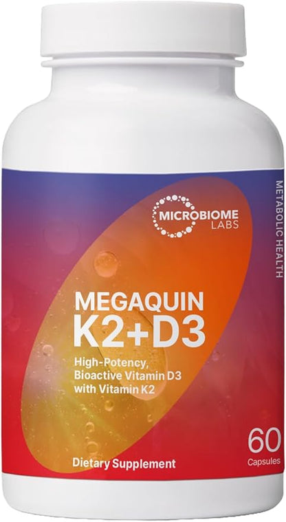 Microbiome Labs MegaQuin D3 - High Potency Vitamin D3 K2 Supplement - Bioactive & Bioavailable - Vitamin D3 5000 iu & MK-7 - Support Bone, Heart, Nerve & Immune Health (60 Capsules)