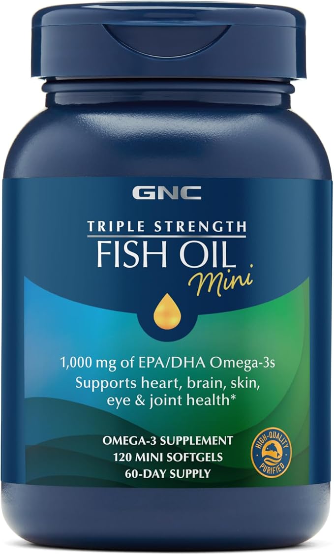 GNC Triple Strength Fish Oil Mini Omega 3 Supplement, 1000mg EPA and DHA, Supports Heart, Brain, Skin, Eye and Joint Health, 120 Mini Softgels