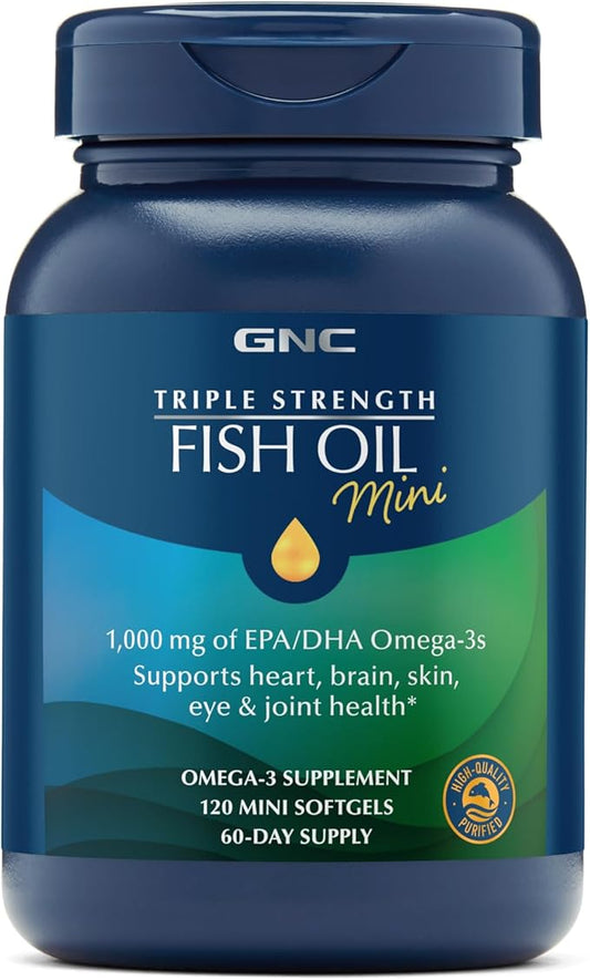 GNC Triple Strength Fish Oil Mini Omega 3 Supplement, 1000mg EPA and DHA, Supports Heart, Brain, Skin, Eye and Joint Health, 120 Mini Softgels
